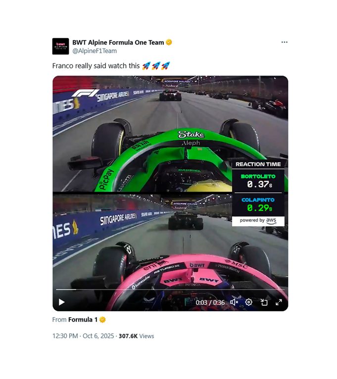 La Fórmula 1 destacó la brillante largada de Franco Colapinto en el GP de Singapur y detalló los tiempos de su veloz reacción