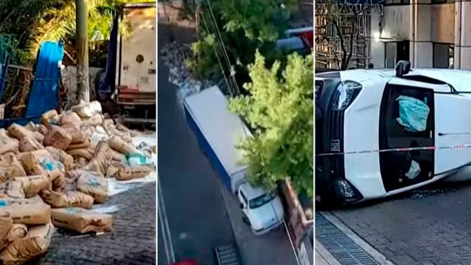 Una camioneta volcó en el microcentro y un camión con harina impactó contra un paredón en Villa Luro