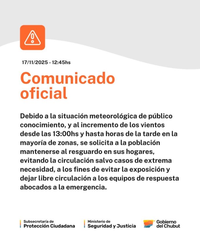 Chubut declaró una alerta roja por vientos de hasta 150 km/h: se suspendieron las clases y hay cortes de rutas